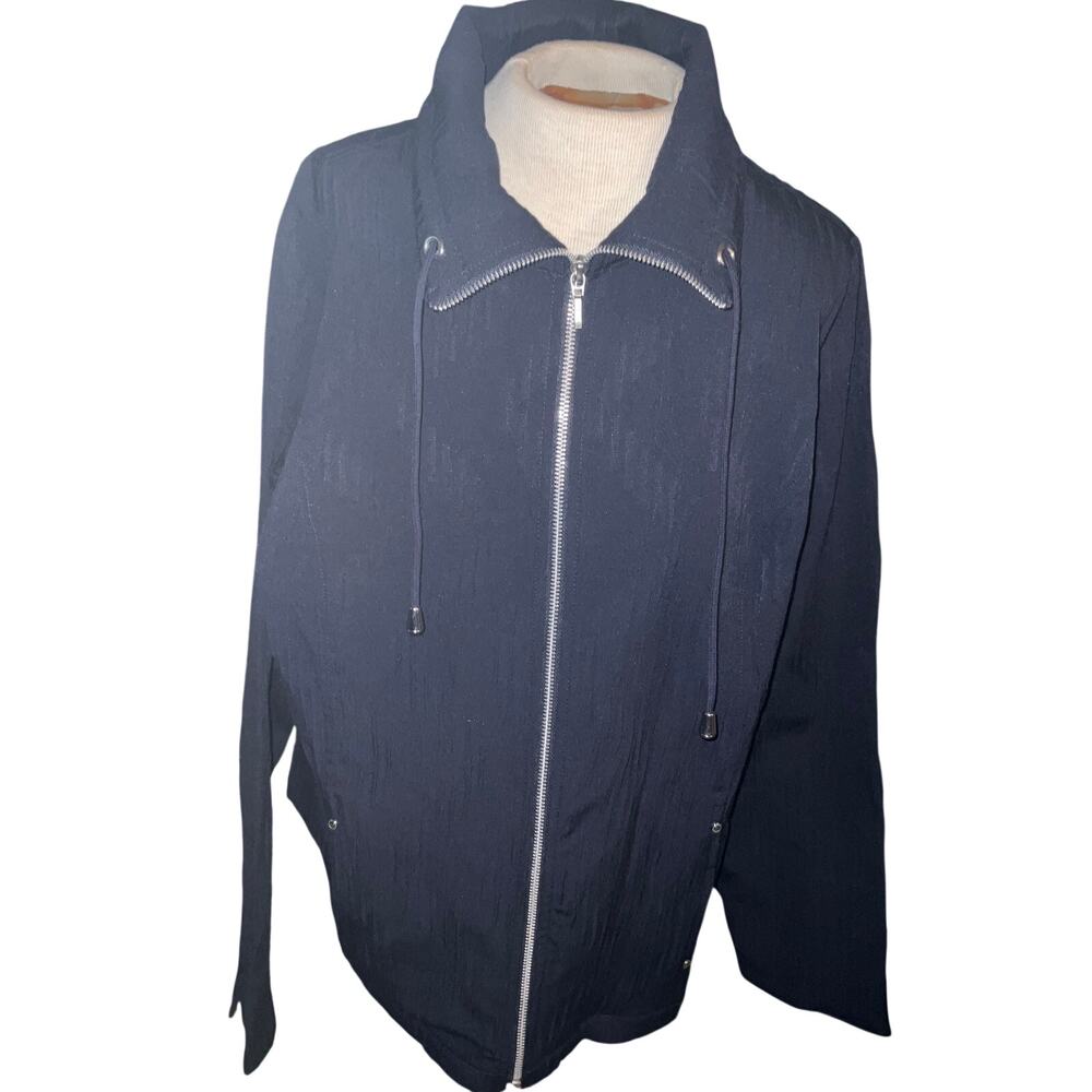 Utility Crinkle Zip Front Jacket Navy Drawstring Funnel Neck Lightweight EUC L